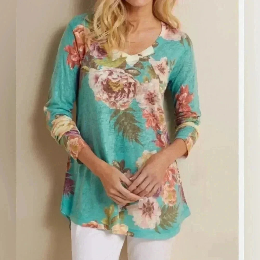 Soft Surroundings Turquoise Midnight Blooms Flora Size PL